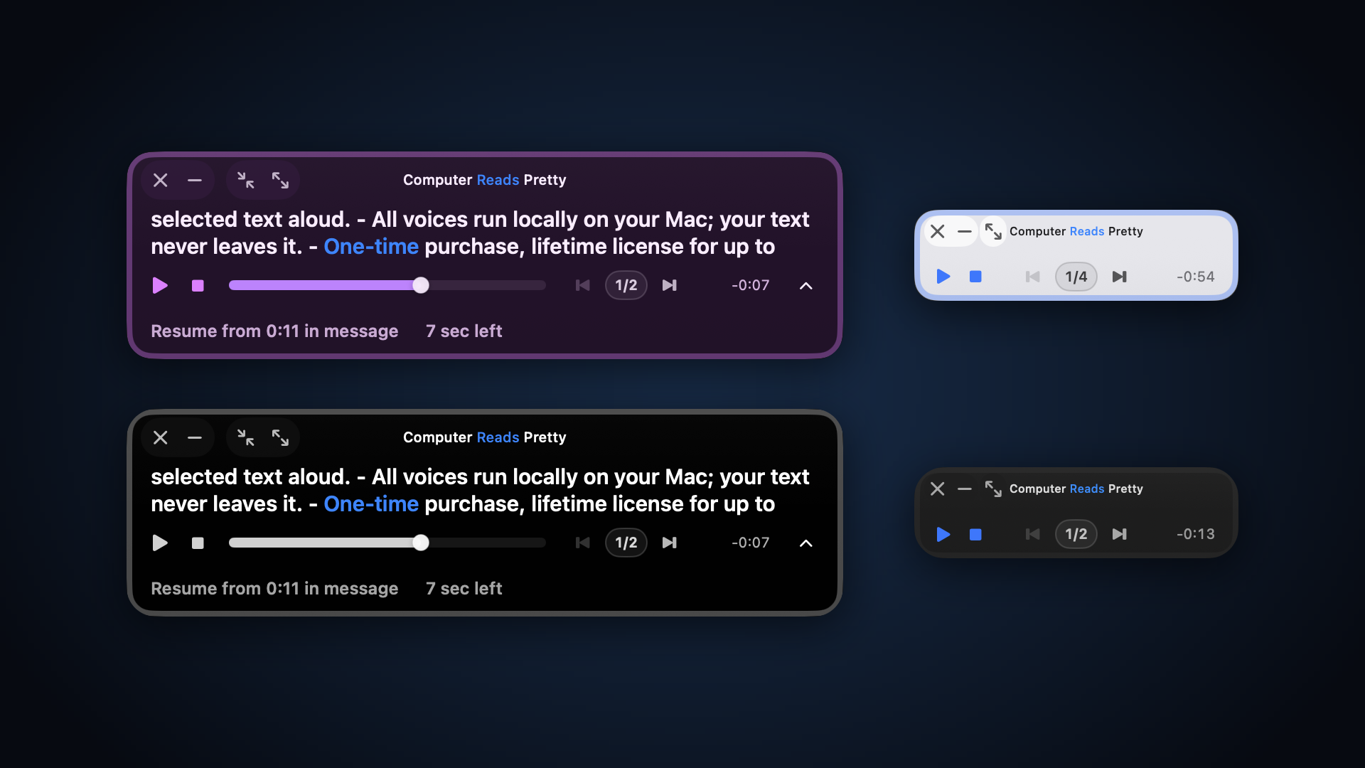 Four Computer Reads Pretty players reading the same text: two large players in purple and black themes showing the words being read with the current phrase highlighted, and two compact players in light and dark themes with play, stop, and skip controls.