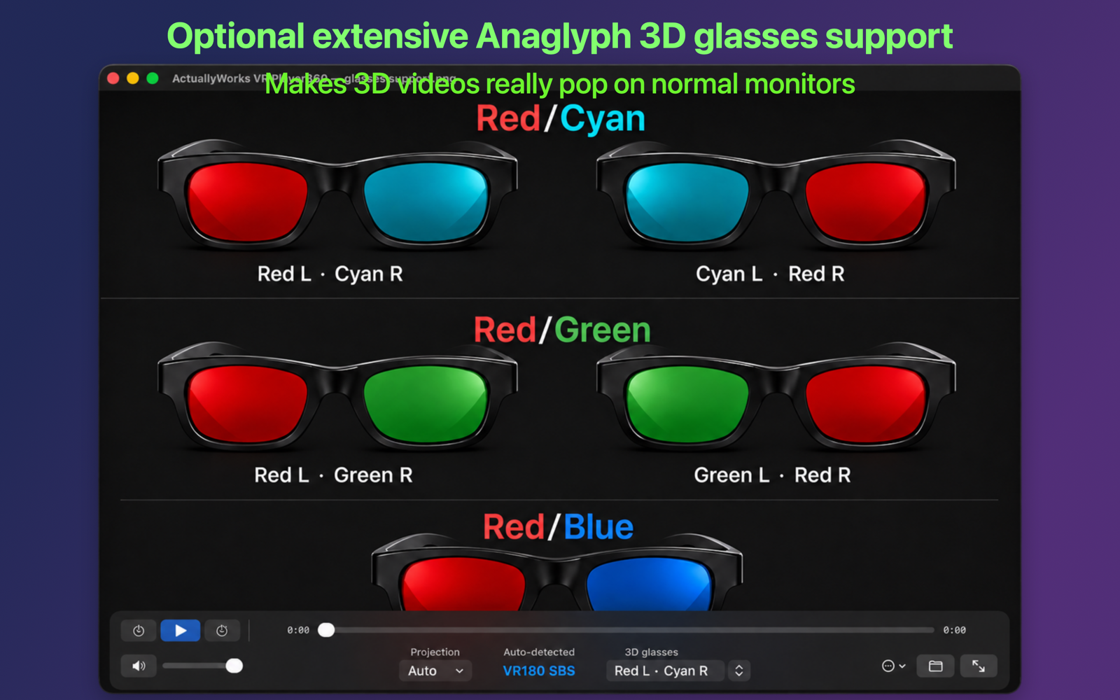 ActuallyWorks VR Player360 showing anaglyph 3D glasses color arrangements and player controls.