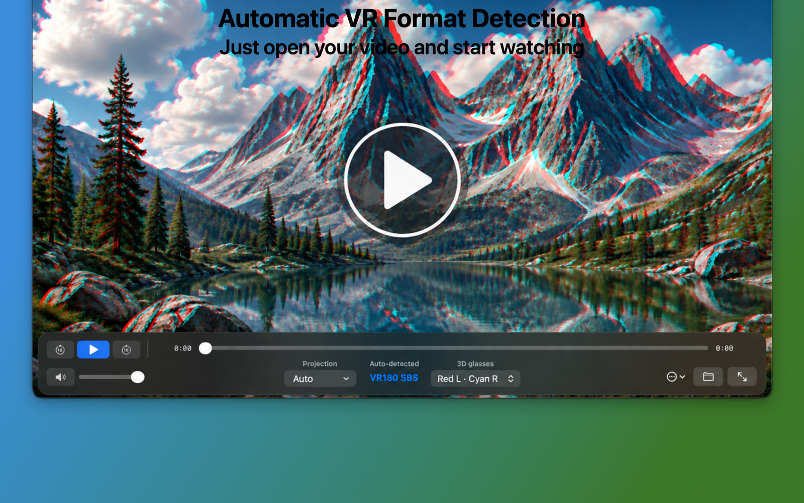 ActuallyWorks VR Player360 showing a mountain video with VR180 SBS automatically detected.