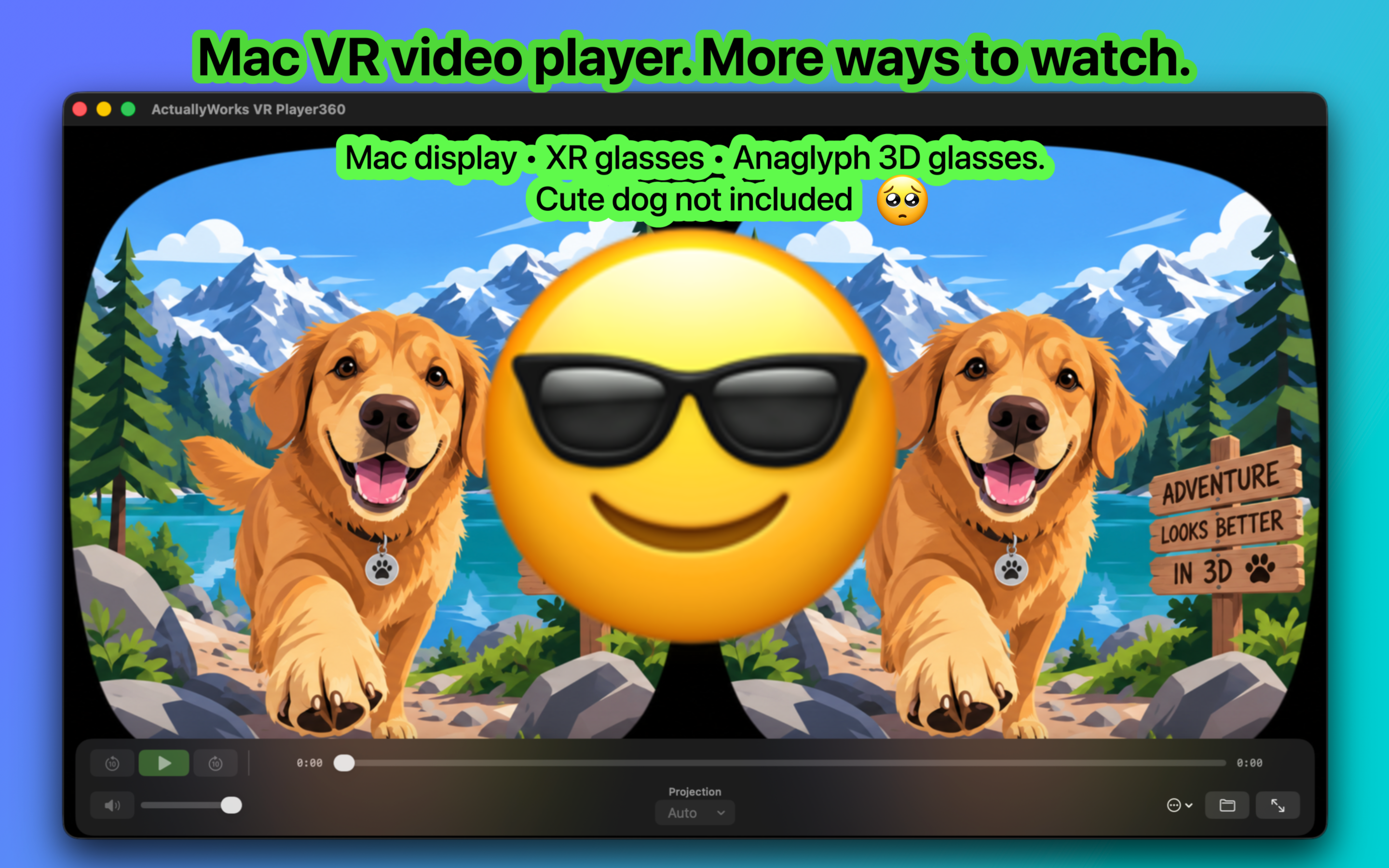 ActuallyWorks VR Player 360 Mac showing a colorful VR scene with dogs, playback controls, and options for a Mac display, XR glasses, and anaglyph 3D glasses.