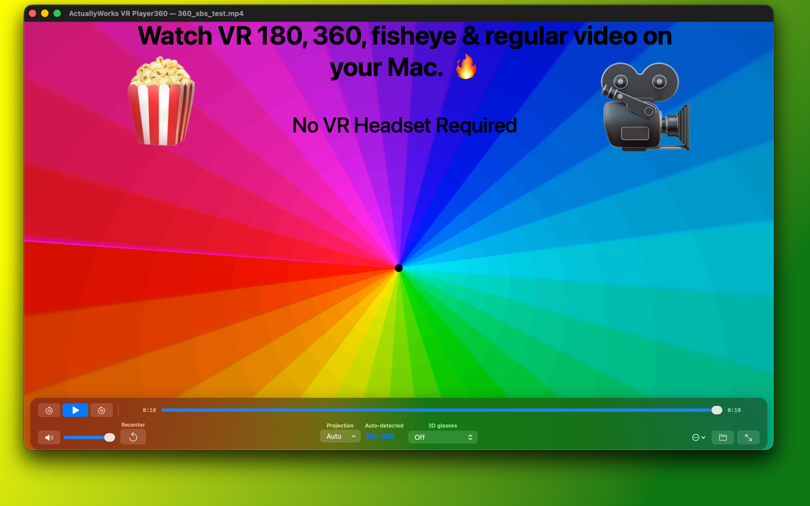 ActuallyWorks VR Player360 showing a colorful 360 video with playback controls and automatic projection detection.